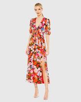 Multicolor Floral Print Front Tie Puff Sleeve Flowy Midi Dress